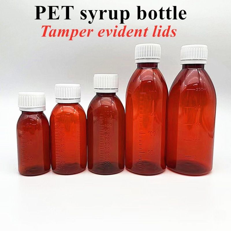 100ml 120ml 앰버 플라스틱 시럽 병 의약품 반려동물 둥근 약품 기침 시럽 병 CRC 캡과 함께