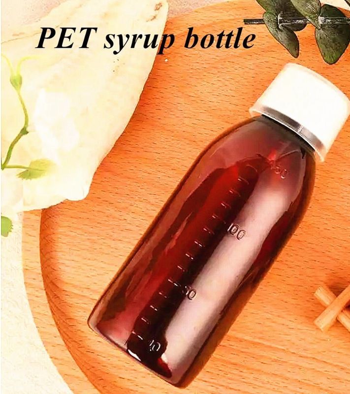 100ml 250ml 액체 약품 앰버 PET 기침 시럽 병 크기의 컵과 함께 플라스틱 기침 시럽 병