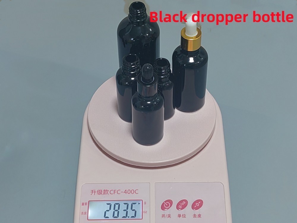 검은색 10, Ml 15ml 20ml 30ml 50ml 빈 둥근 검은 빛나는 유리 에센셜 오일 드롭퍼 병과 플라스틱 골드 링