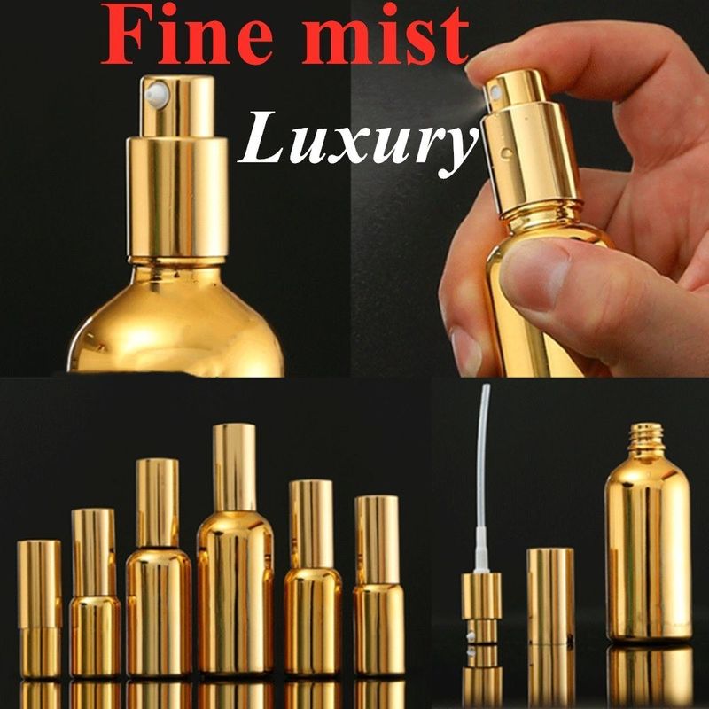 럭셔리 반짝이는 30ml 50ml 60ml 금 자외선 전자판 혈청 황금 유리 에센셜 오일 유리 방울병 스프레이 머리와 함께