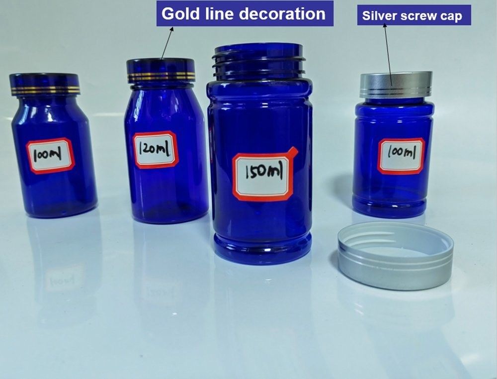 의약품 100ml 120ml 175ml 파란색 PET 플라스틱 알약 캡슐 병 건강 관리 알약 약 병 나사 캡슐